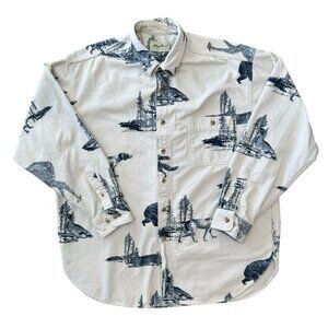 Vtg Eddie Bauer AOP Flannel Shirt Mens Large Wild Life Graphic Ivory Long Sleeve